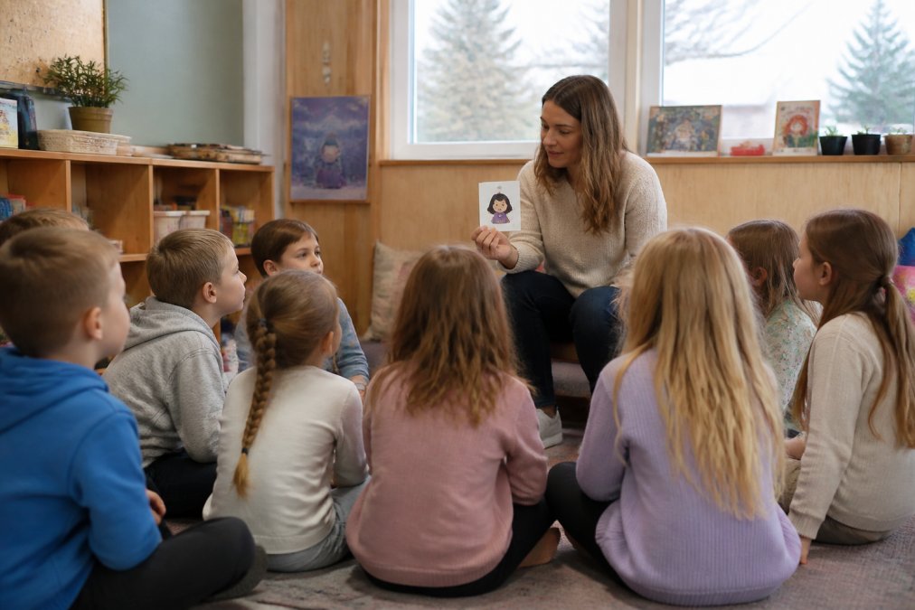 Lærer som gjennomfører en klasseaktivitet om følelser med elevene i en inkluderende klasseromsetting