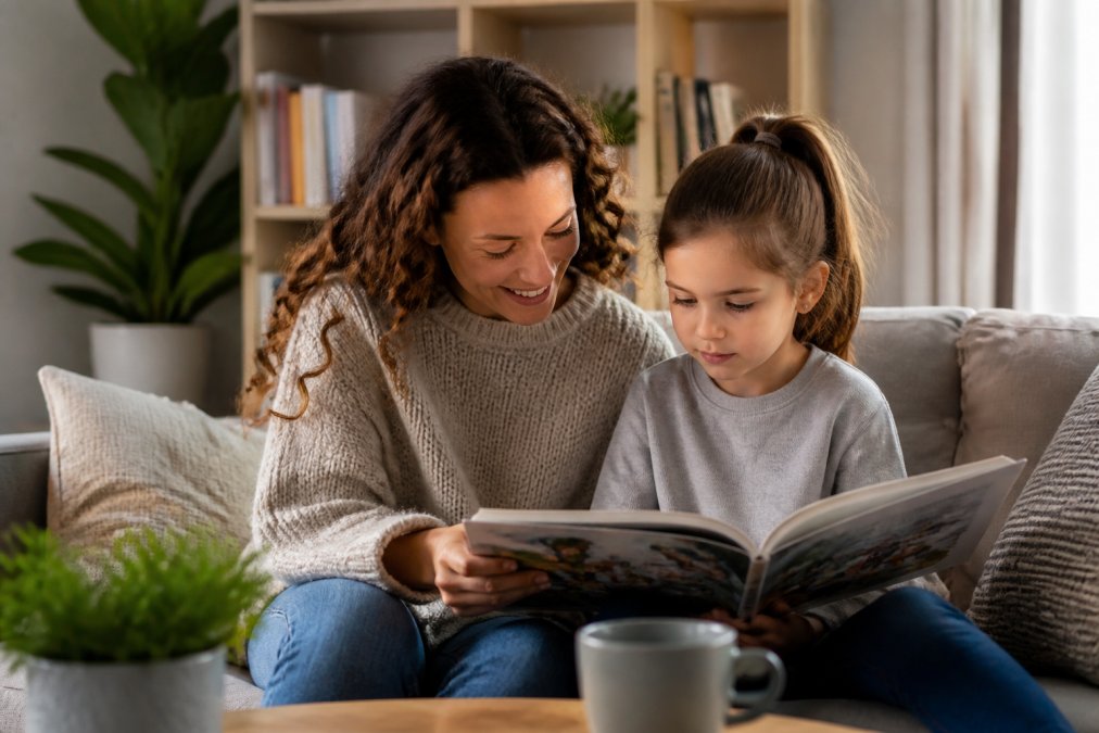 En voksen og et barn sitter sammen på en sofa og leser en bok med fargerike illustrasjoner, barnet ser fokusert på siden mens den voksne smiler varmt