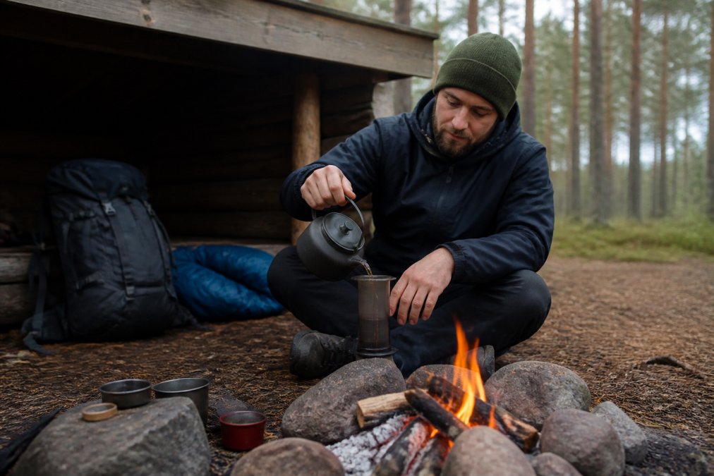 En person sidder ved et bål uden for en shelter i skoven og hælder varmt vand fra en lille kedel over en AeroPress Go, med en rygsæk og sovepose i baggrunden