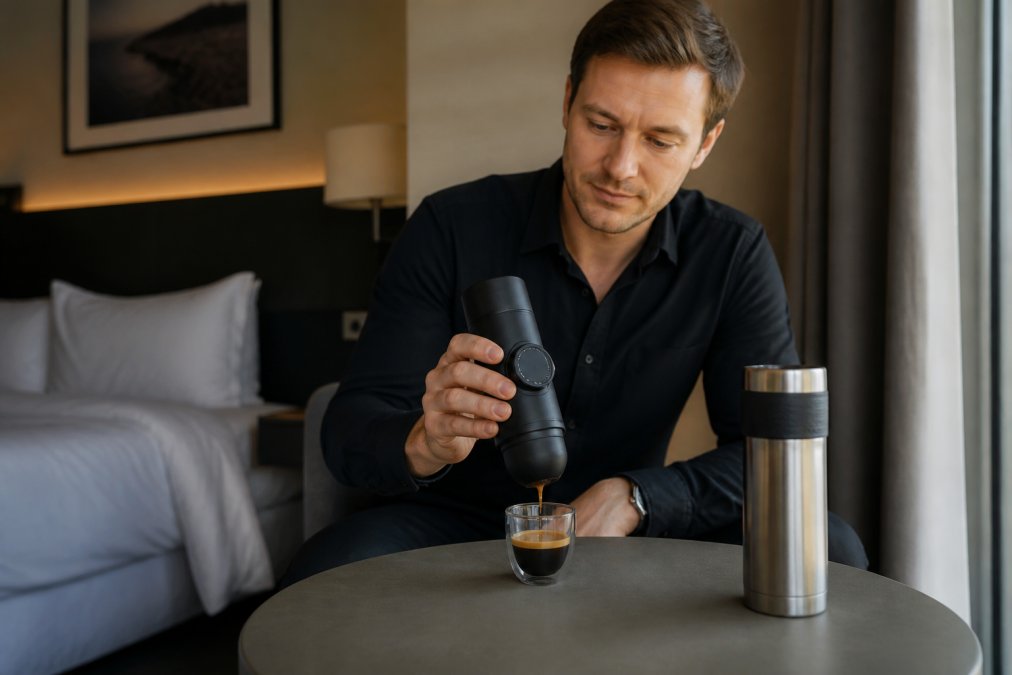 En rejsende forretningsperson, der holder en Wacaco Minipresso NS2 på et hotelværelse, med en kop espresso foran sig og en termokande til siden