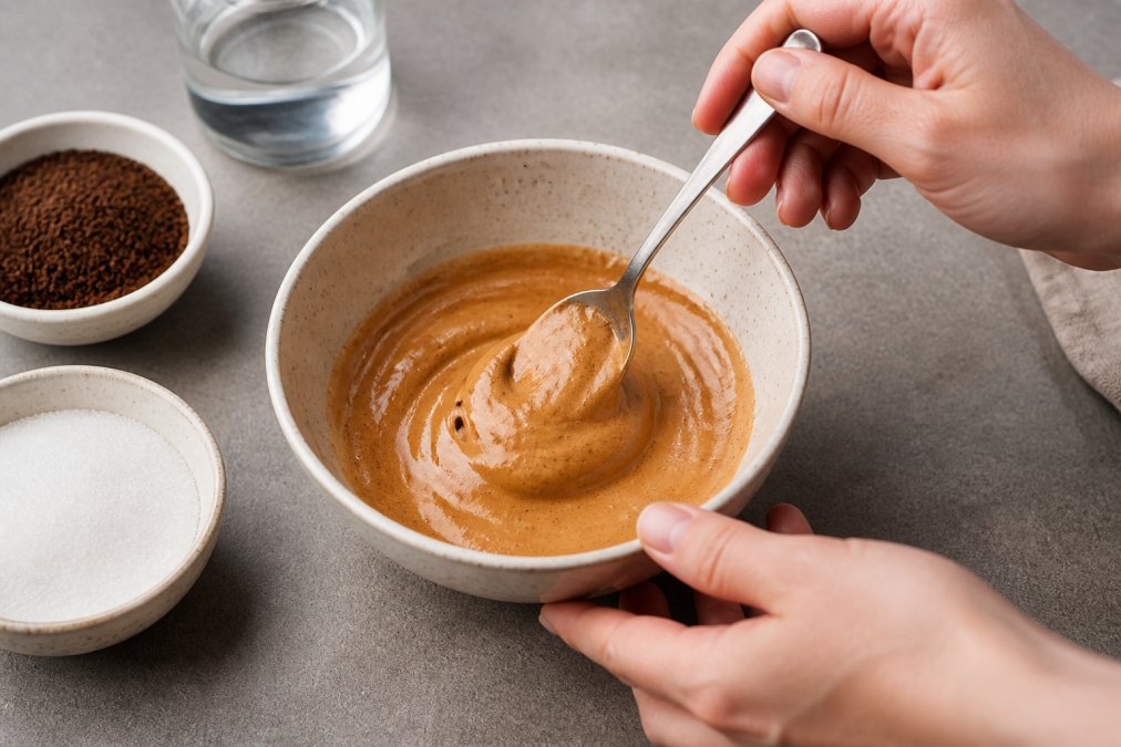 Tæt billede af hænder, der pisker dalgona kaffe-blandingen med en løffel, skummet bliver gradvist tykkere, med kaffe, sukker og vand synlige på siden