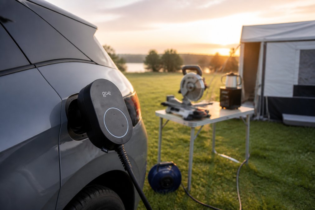 Zbliżenie adaptera V2L podłączonego do portu ładowania typu 2 samochodu elektrycznego, w tle widoczne narzędzia elektryczne do użytku na zewnątrz i sprzęt kempingowy o wschodzie słońca na polu kempingowym