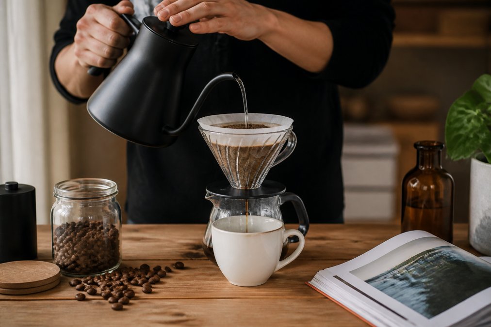Nærbillede af hænder der hælder varmt vand over kaffegrums i en V60 dripper, med en hvid kaffekop nedenunder og kaffebønner på siden af bordet
