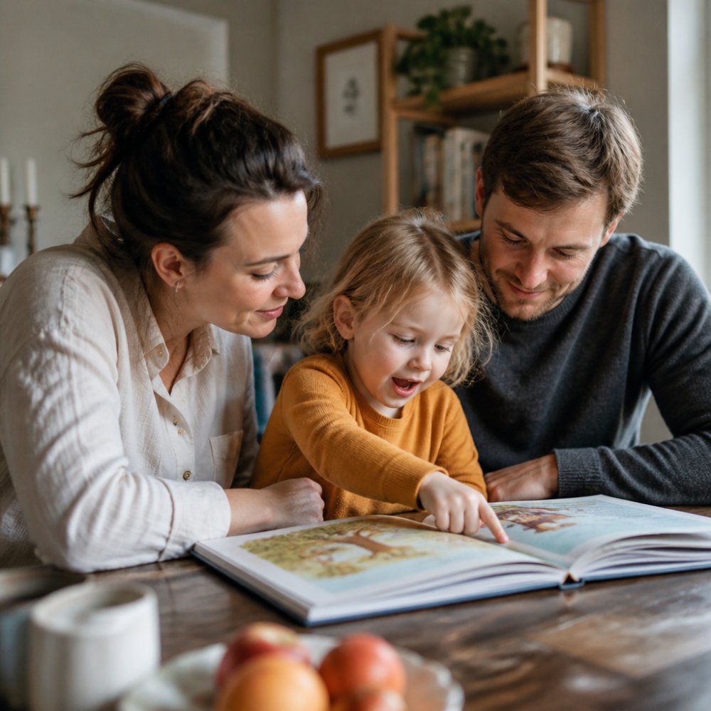 En familie som sitter sammen rundt et bord og leser en bildebok, med varme farger og et rolig hjemmemiljø. Barnet peker på en illustrasjon og ser engasjert ut.
