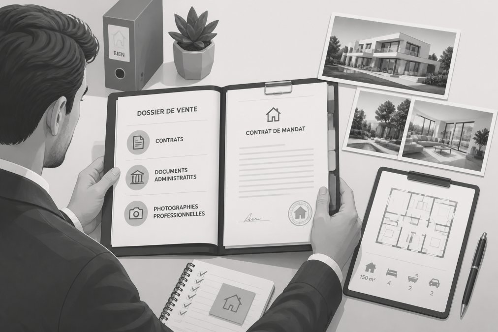 Propriétaire examinant attentivement un dossier de vente complet avec contrats, documents administratifs et photographies professionnelles d'une propriété sur une table de travail