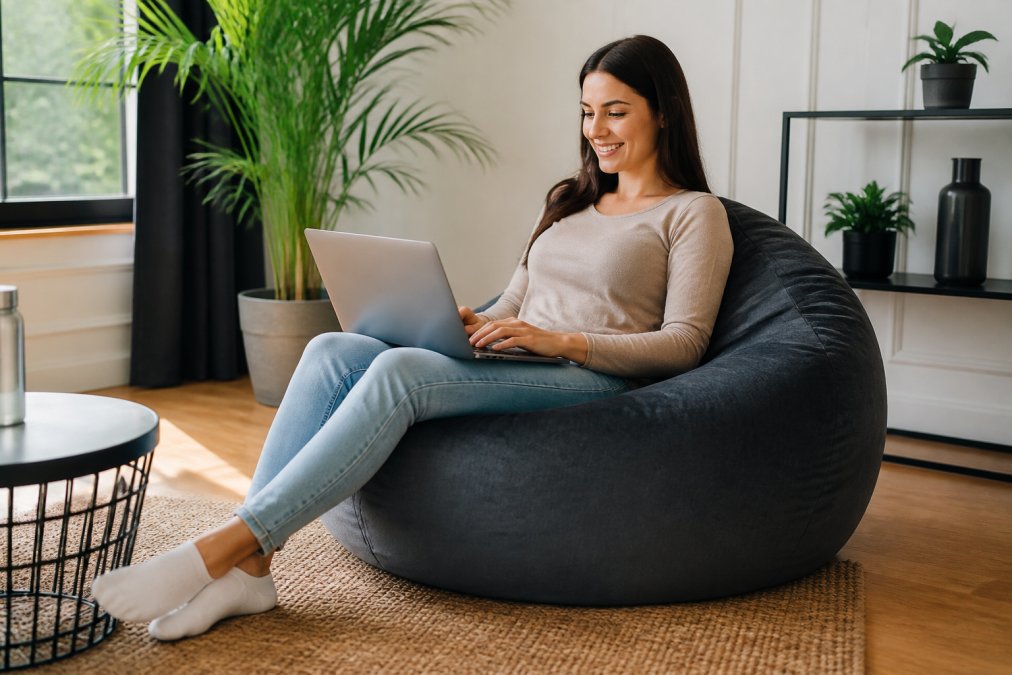 Une personne souriante assise sur un grand pouf de style beanbag dans un salon québécois lumineux, un ordinateur portable sur les genoux, le dos bien appuyé contre le dossier du pouf, plante verte et lumière naturelle à proximité