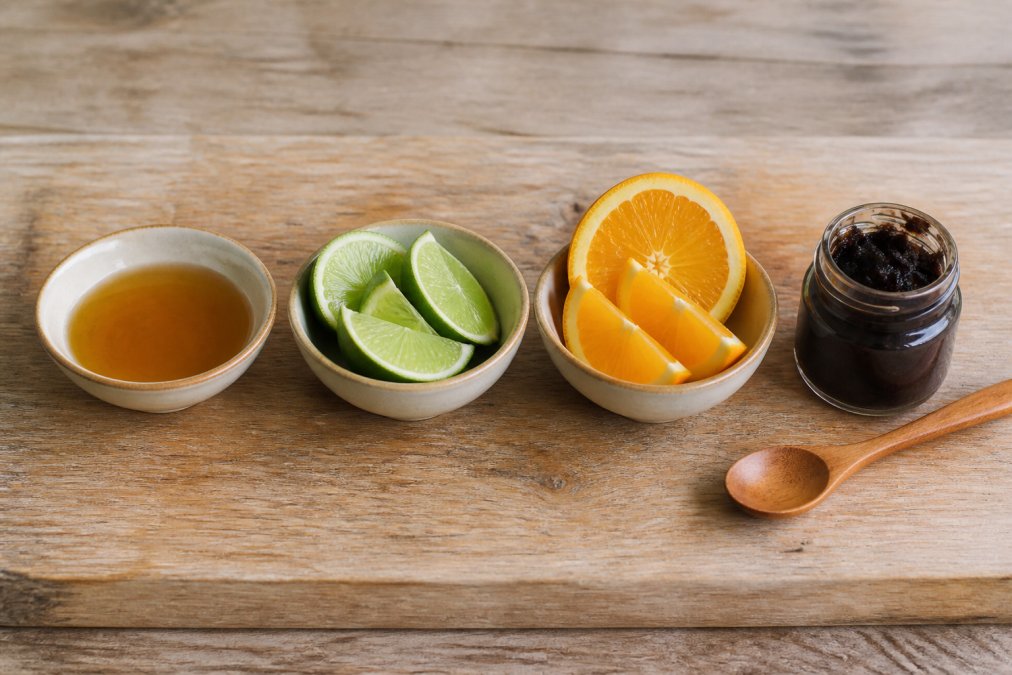 Photographie culinaire montrant plusieurs petits bols en céramique alignés sur un plan de travail en bois : vinaigre de cidre dans un bol, quartiers de citron vert, une orange coupée, et un pot ouvert de pâte de citron noir Les délices à Didi avec une cuillère en bois à côté