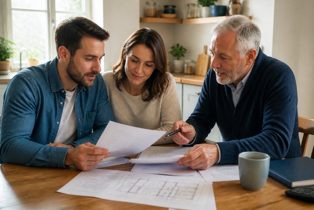 Schéma illustrant le processus de prêt familial et l'abattement fiscal lors d'un projet immobilier en famille.