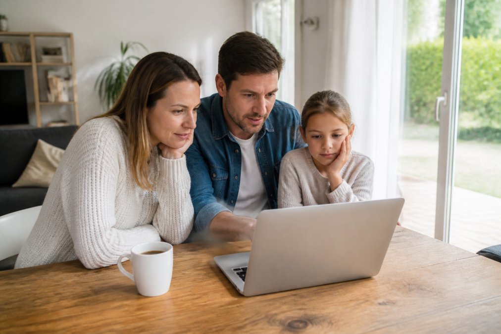 Une famille consulte des annonces immobilières sur un ordinateur portable posé sur une table en bois, dans un salon lumineux, une tasse de café à proximité