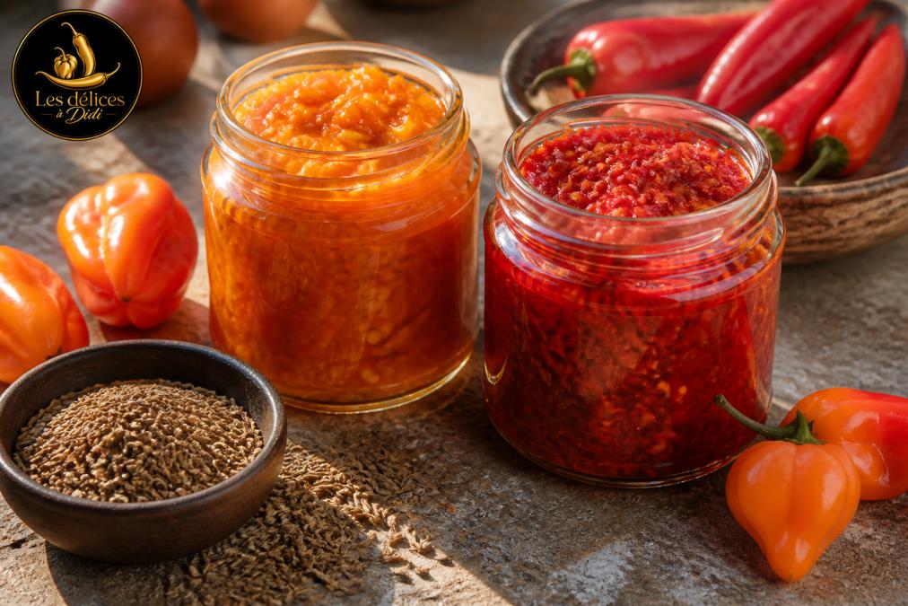 Gros plan de pots de pâtes de piments rouges et jaunes artisanales, avec des piments habanero frais et des graines de cumin étalées sur une surface rustique en pierre, lumière naturelle du jour