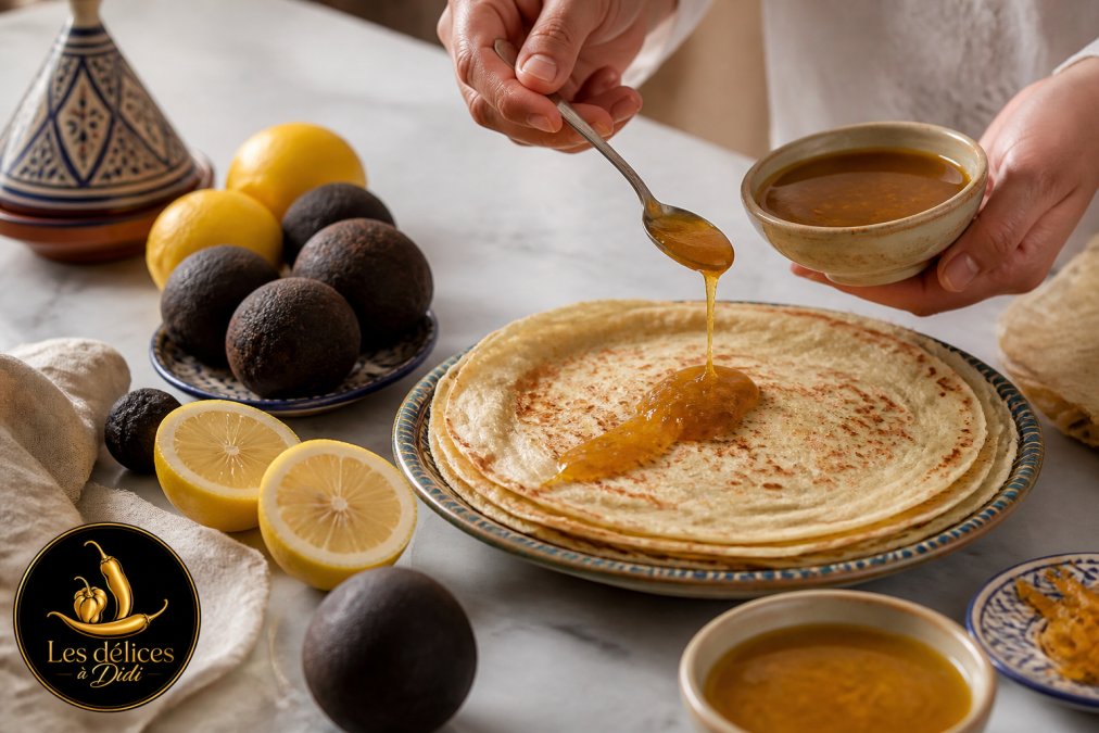 Mains versant délicatement une pâte de citron doré foncé sur une crêpe blanche, avec des citrons noirs et blancs frais visibles à côté, sur une surface en marbre blanc, lumière naturelle