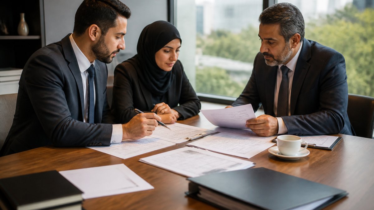 Professional team in modern office reviewing certification documents and audit reports on desk with coffee and digital devices, natural office lighting