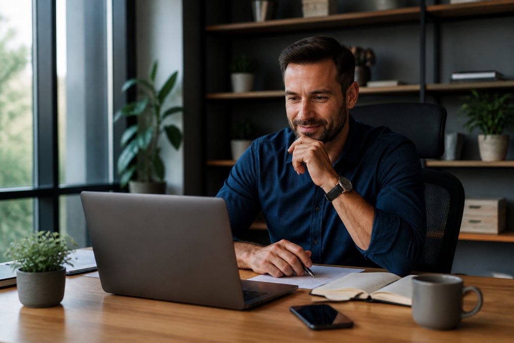 Coach professionnel assis à son bureau devant un ordinateur, examinant attentivement des données de suivi d'apprentissage avec un sourire satisfait, environnement de bureau moderne avec lumière naturelle