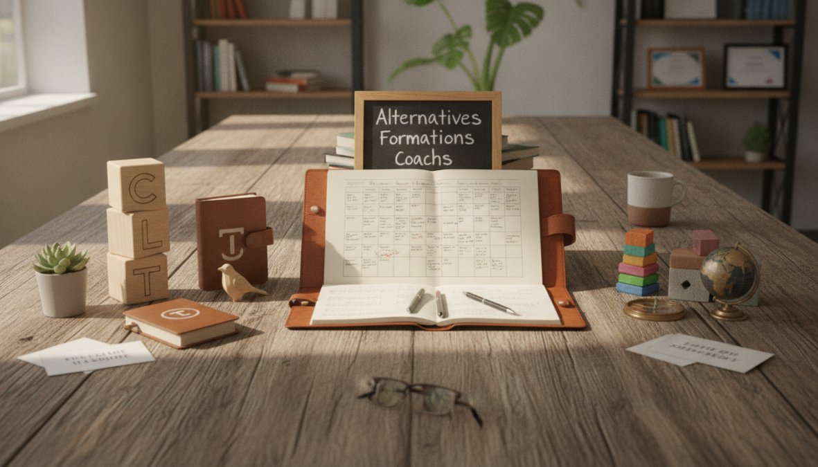 Coach indépendant travaillant sur son ordinateur portable dans un espace de travail moderne, consultant plusieurs outils de gestion en ligne sur son écran