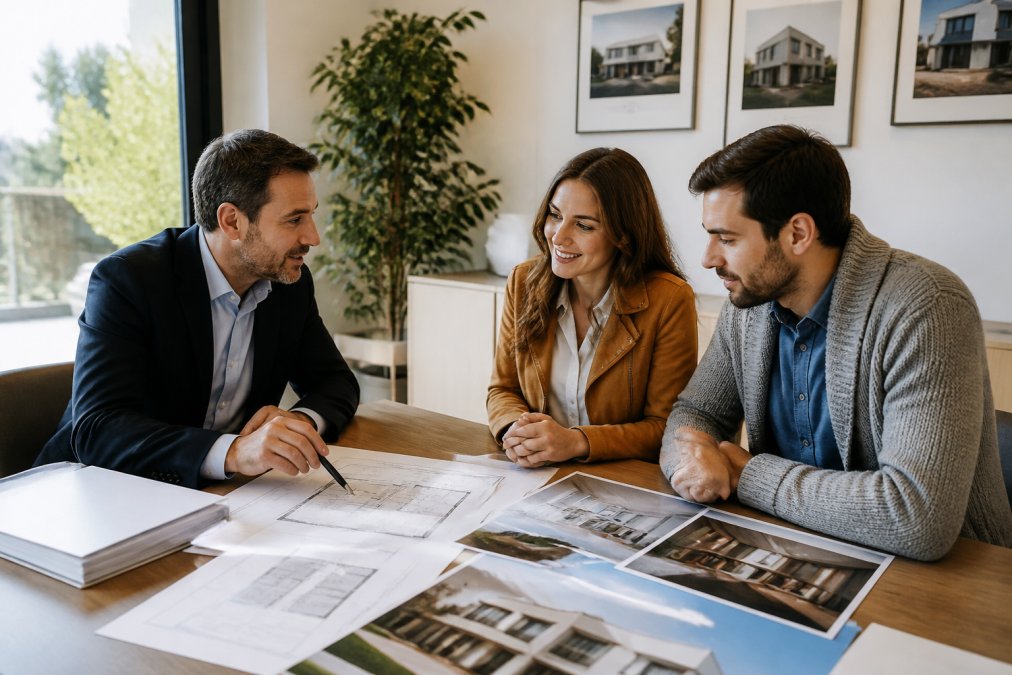 Conseiller immobilier en discussion avec un couple d'investisseurs autour d'une table avec documents et plans de biens immobiliers, environnement professionnel chaleureux avec lumière naturelle