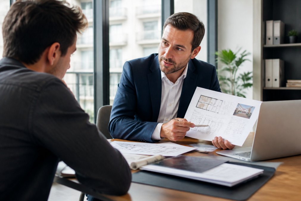 Professionnel de l'immobilier présentant des documents d'analyse de rentabilité à un investisseur sur son ordinateur portable dans un bureau moderne avec lumière naturelle