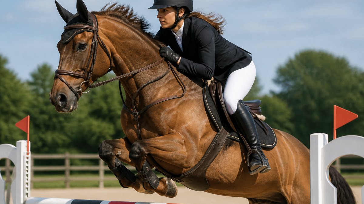 Une cavalière en tenue de concours technique ajustée, en pleine action sur un cheval lors d'un saut d'obstacles, dans une carrière équestre ensoleillée