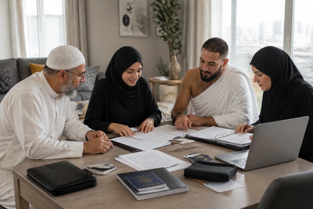 Un groupe de pèlerins canadiens assis autour d'une table avec des documents de voyage, discutant calmement dans un salon lumineux à Montréal, des classeurs et un ordinateur portable visibles