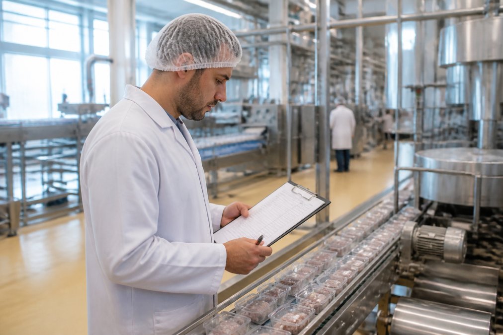 Professional auditor inspecting food production facility, examining documentation and equipment in a modern manufacturing plant with natural lighting and quality control charts visible on walls