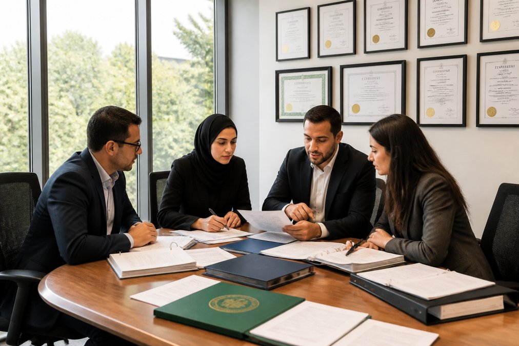 Business team reviewing halal certification documents and international standards in a conference room with certificates displayed on walls, natural daylight streaming through windows, and quality control documentation visible on the table