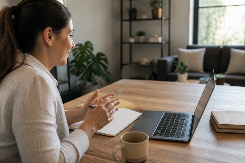 A professional coach working at a tidy desk with a laptop showing a client dashboard, a notebook and a cup of coffee nearby, in a bright home office