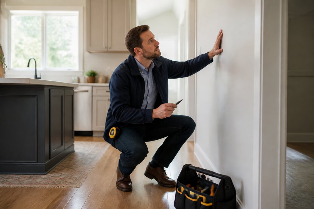 Expert immobilier agréé effectuant une visite physique d'un bien résidentiel, examinant attentivement les murs, les installations et prenant des mesures avec des outils professionnels dans un intérieur bien éclairé