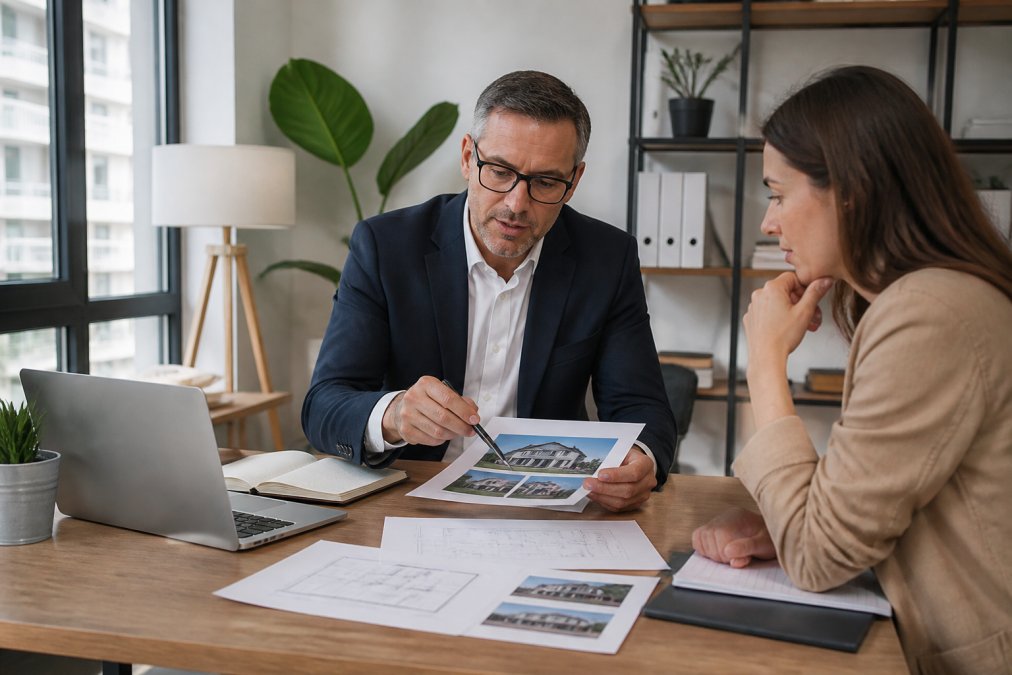 Professionnel de l'immobilier consultant des données d'estimation sur un écran d'ordinateur tout en examinant des documents et en discutant avec un client dans un bureau moderne, avec des graphiques de marché visibles en arrière-plan