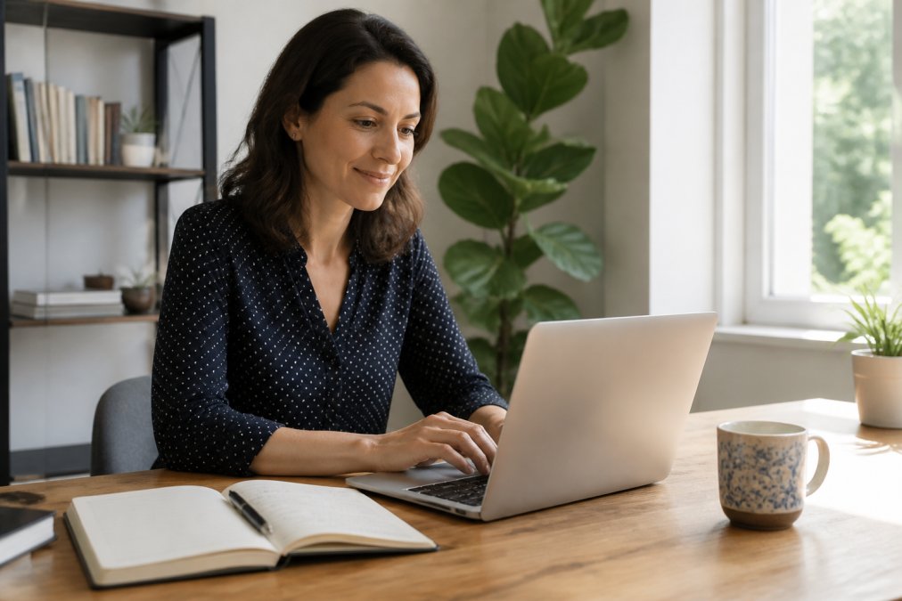 A professional coach working on a laptop in a bright home office, with a notebook and coffee nearby, looking focused and relaxed