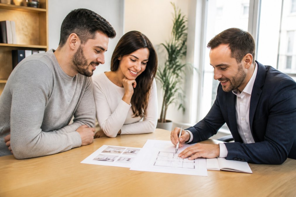 Un jeune couple primo-accédant consultant des documents immobiliers avec un conseiller à une table de bureau, souriant et prenant des notes, dans un cadre professionnel lumineux