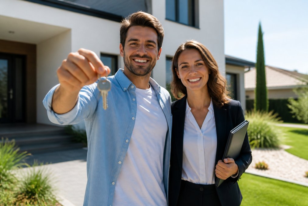 Un primo-accédant devant une maison neuve, tenant les clés avec sourire, avec un agent immobilier à côté, représentant l'accès réussi à la propriété dans un cadre lumineux et accueillant
