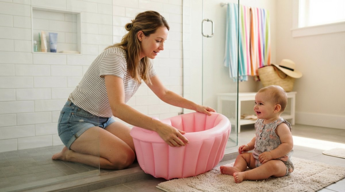 Maman installant une baignoire gonflable rose dans une douche, parmi les alternatives baignoire bébé pour les vacances.