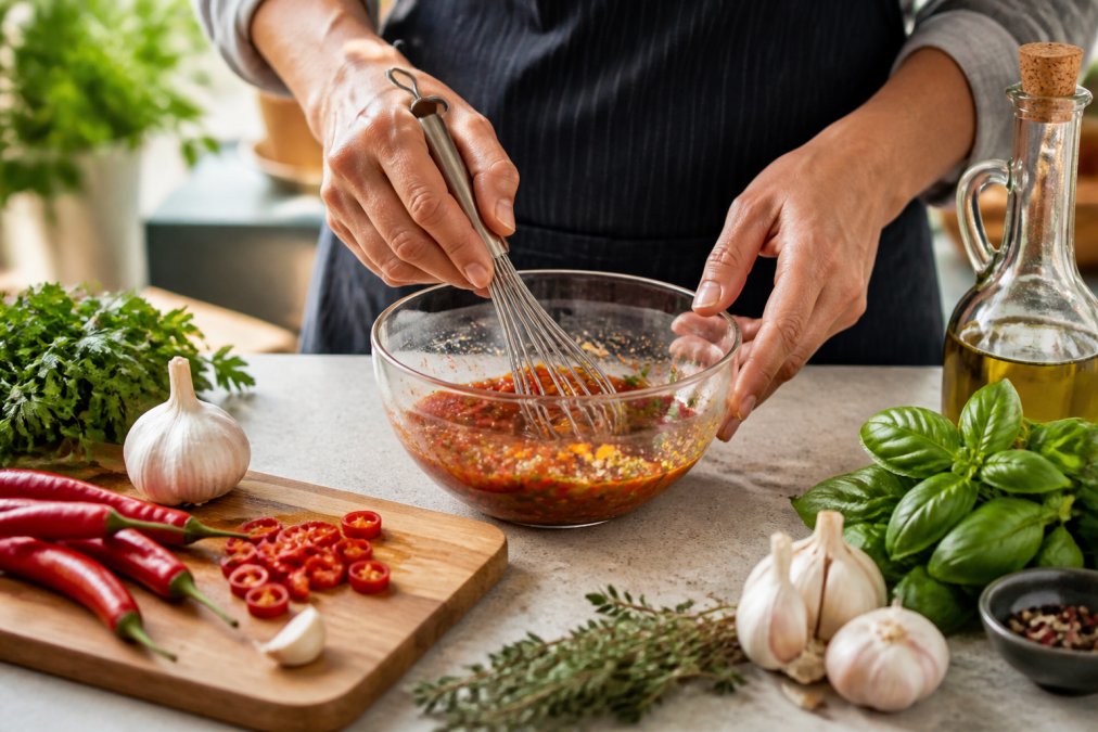 Mains d'un cuisinier préparant une sauce maison dans un bol en verre, avec piments frais, ail, herbes aromatiques et planche à découper sur une surface de cuisine lumineuse