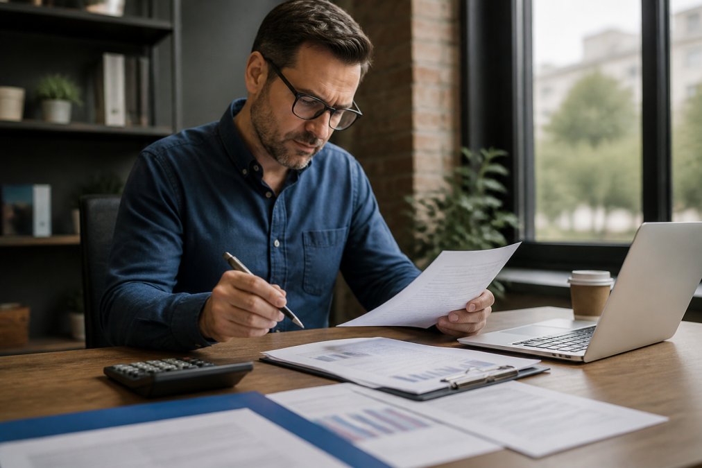 A real estate investor reviewing property documents and financial statements at a desk with a laptop and calculator, warm natural light through office windows