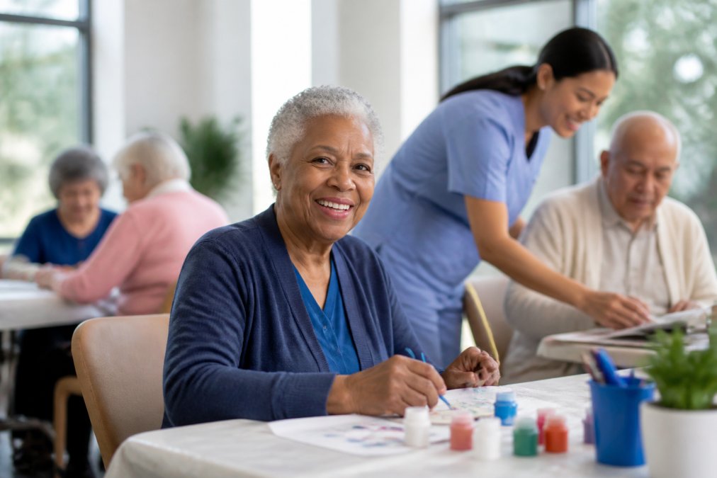 A senior woman smiling while participating in a group activity at an adult day care center, with a caregiver assisting in the background