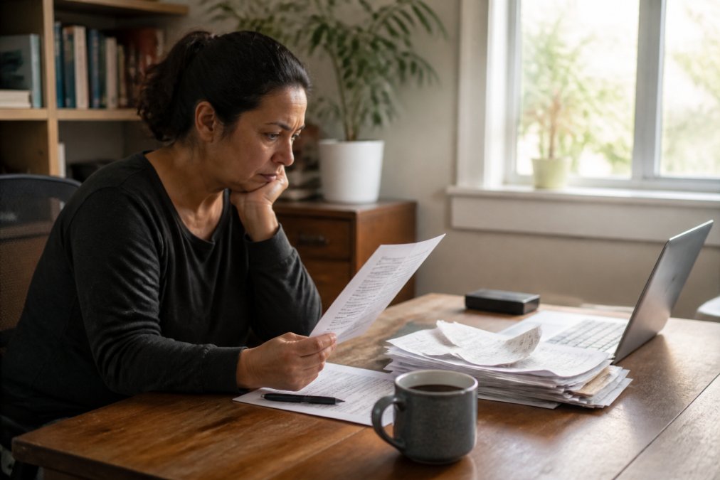 Person at a desk reviewing an insurance settlement offer with medical bills