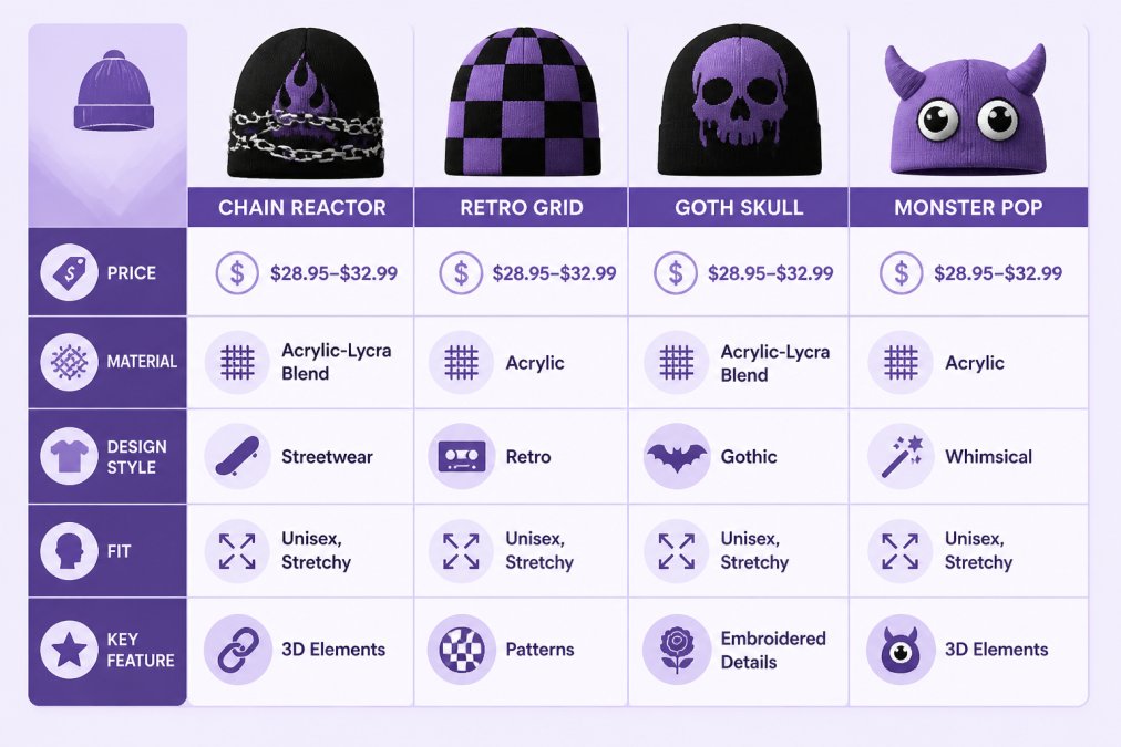 Feature comparison matrix showing price ($28.95-$32.99), material (acrylic, acrylic-lycra blend), design style (streetwear, retro, gothic, whimsical), fit (unisex, stretchy), and key feature (3D elements, patterns, embroidered details) across Crazy Beanies products