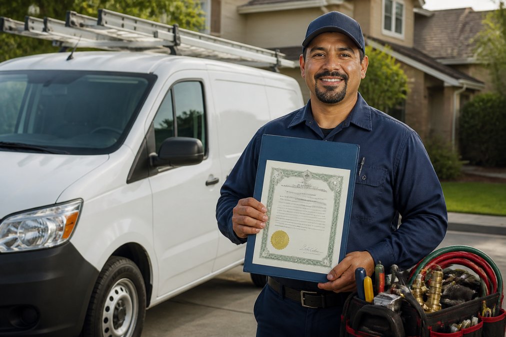 Licensed HVAC technician in uniform holding certification documents, standing next to a service van with company branding, looking professional and approachable