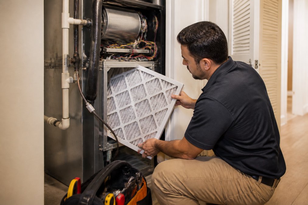 Technician performing routine HVAC system maintenance, checking filters and components near an indoor unit, with tools and equipment visible
