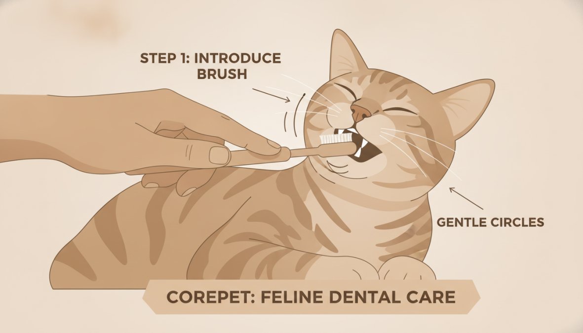 Close-up of a person's hand gently brushing a calm tabby cat's teeth with a small soft-bristled toothbrush, showing proper 45-degree angle technique and the cat's relaxed posture in natural window lighting