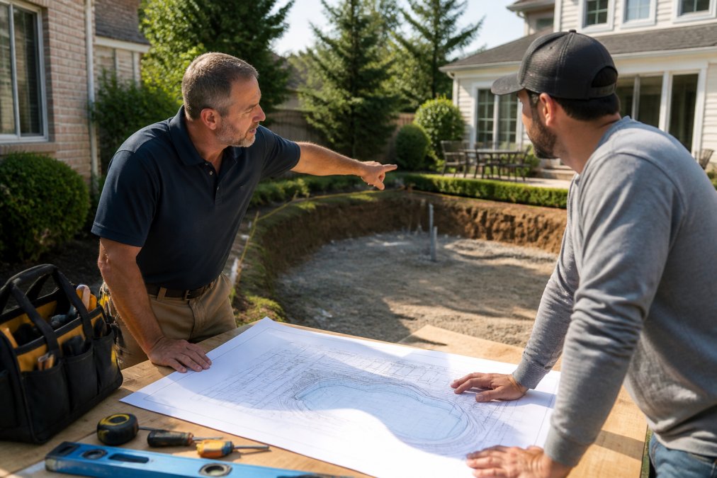 Homeowner meeting with a professional contractor at a residential backyard site, reviewing architectural blueprints and discussing pool design details while pointing to the proposed installation area, with natural afternoon sunlight illuminating the space