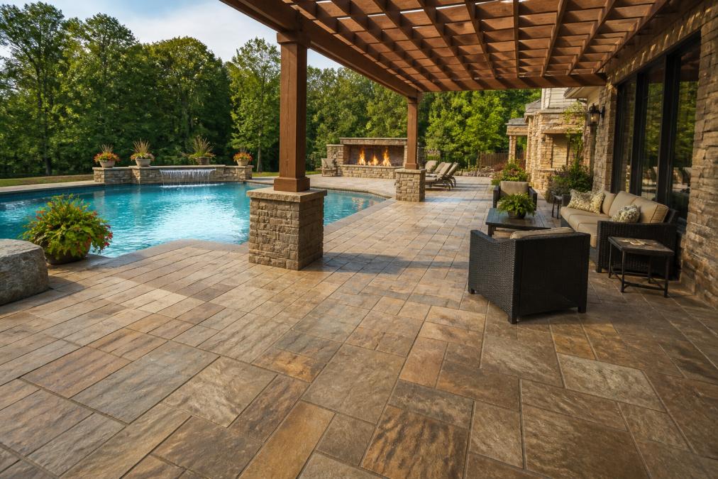 Wide-angle photograph of a completed luxury residential pool deck featuring natural stone pavers in warm earth tones, with a pergola shade structure casting geometric shadows, fire feature visible in background, and integrated outdoor living seating area with lounge chairs
