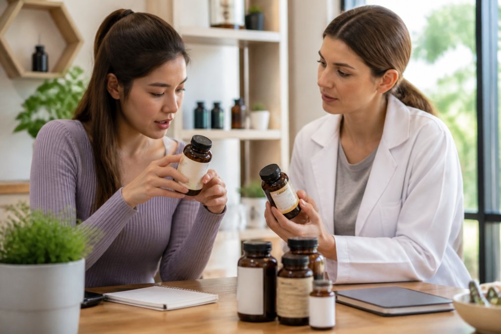 Close-up of hands carefully examining supplement bottles and reading ingredient labels in a bright wellness consultation space with natural morning light streaming through windows