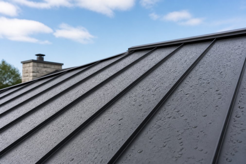 Close-up of residential roof with standing seam metal panels showing water drainage and weather resistance, captured in natural daylight with clear sky visible