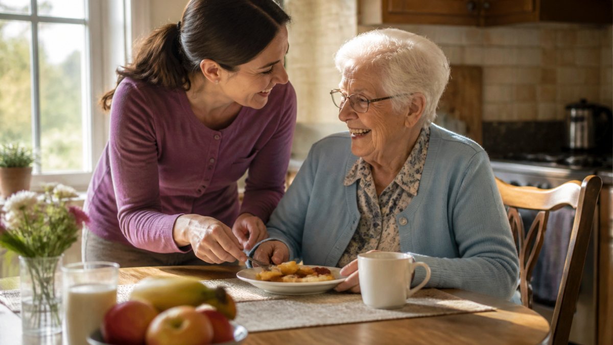 Adult daughter assisting elderly mother with breakfast at home kitchen table, both smiling, warm natural light streaming through window