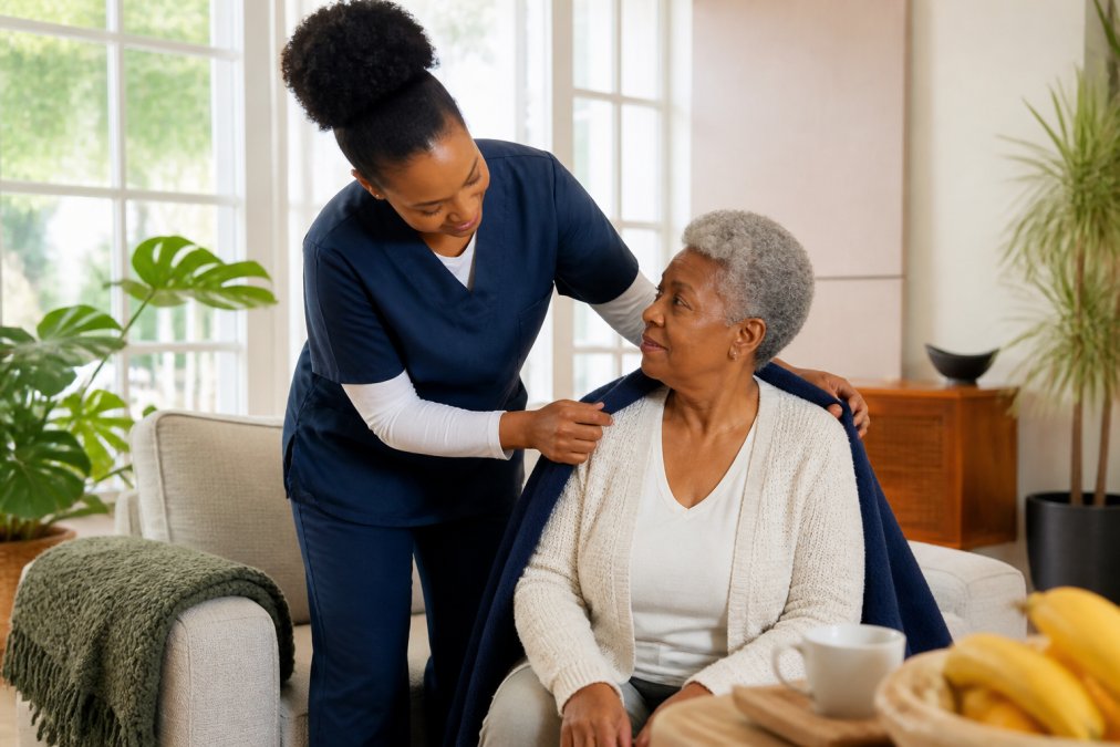 Home health aide assisting a senior with daily activities in a comfortable, well-lit living room setting with natural light streaming through windows
