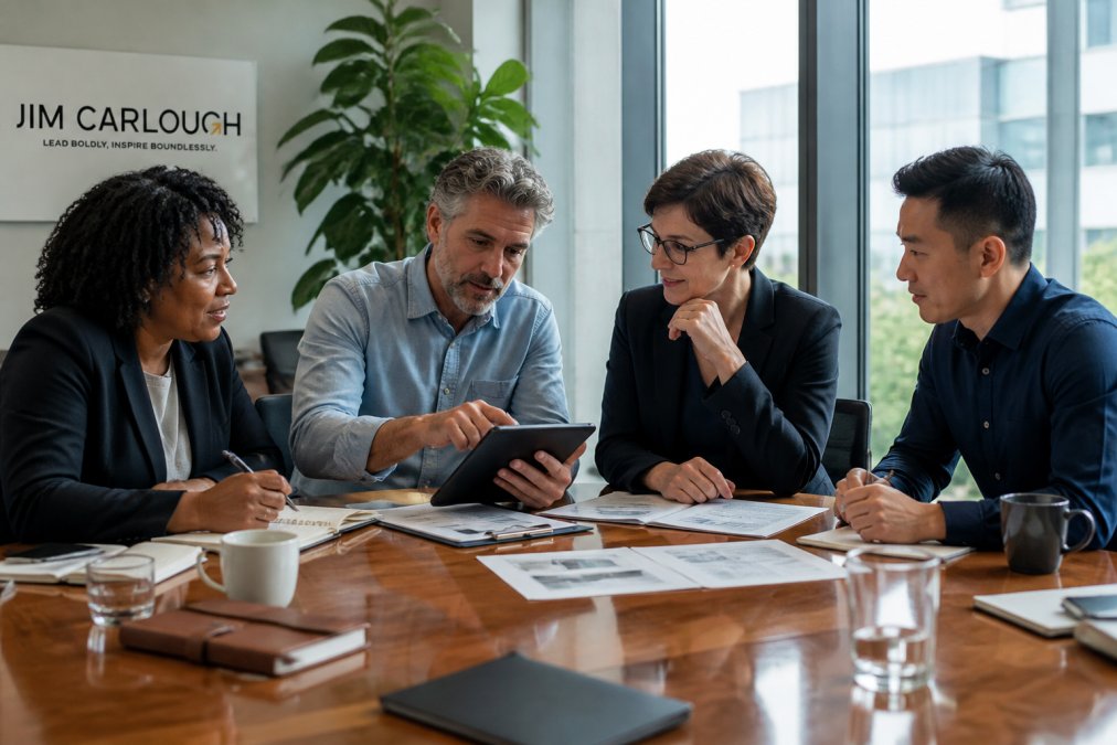 A diverse leadership team of four people gathered around a polished conference table, reviewing printed documents and digital tablets, with one person gesturing toward notes on the tablet while others listen intently, natural daylight from floor-to-ceiling windows illuminating the scene