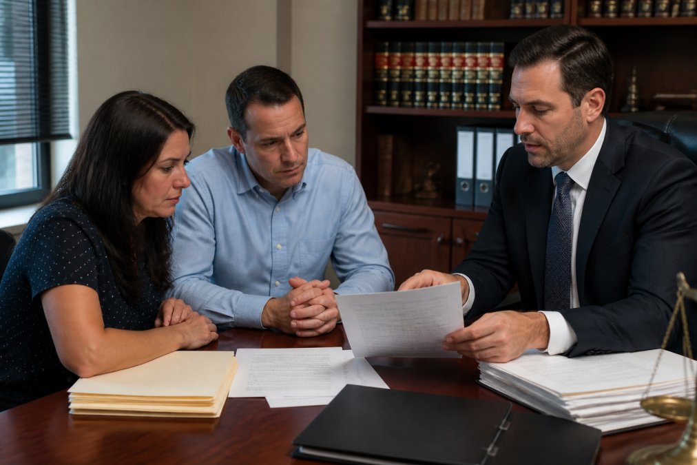 Family members and defendant with criminal defense attorney reviewing bail reduction documents and community ties evidence in law office