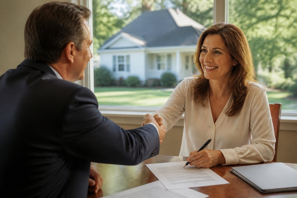 A homeowner shaking hands with a private lender across a desk, signing loan documents with a house visible through the window behind them, warm natural light
