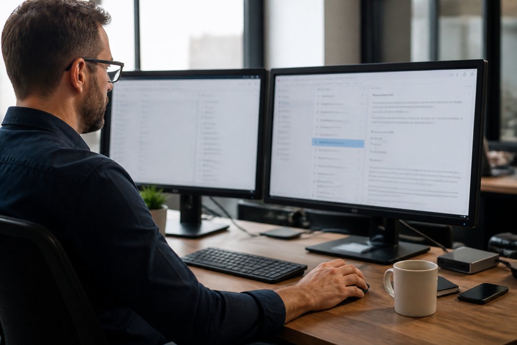 Business professional reviewing email interface on dual monitors at modern desk with natural office lighting