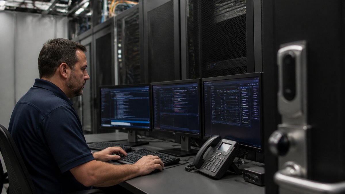 IT professional monitoring multiple security dashboards and network monitoring screens in a modern server room with blue lighting and server racks